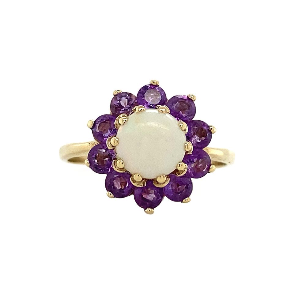 Vintage Cluster 9K Gold Ring with Opal and Amethyst