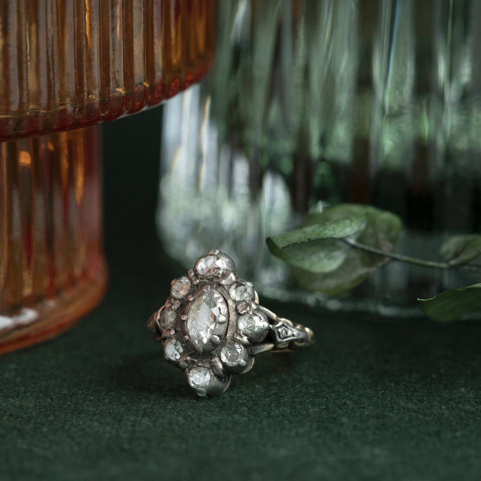 Vintage 14K Gold Marquise Ring with Rose Cut Diamond