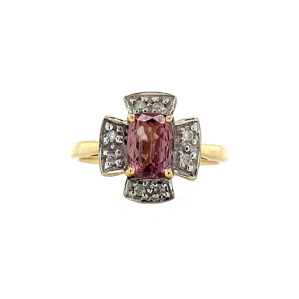 Vintage 9K Gold Ring with Tourmaline and Diamond