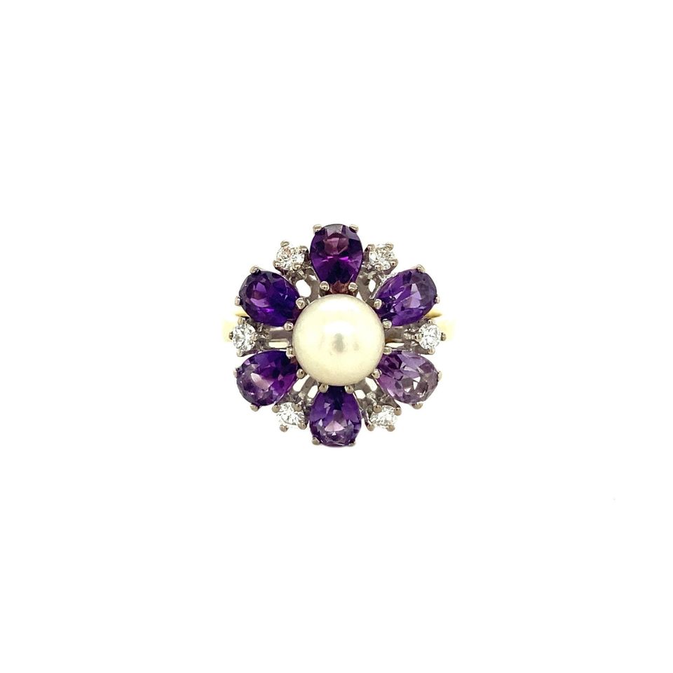 Vintage 14K White Gold Ring with Pearl, Amethyst and Diamond