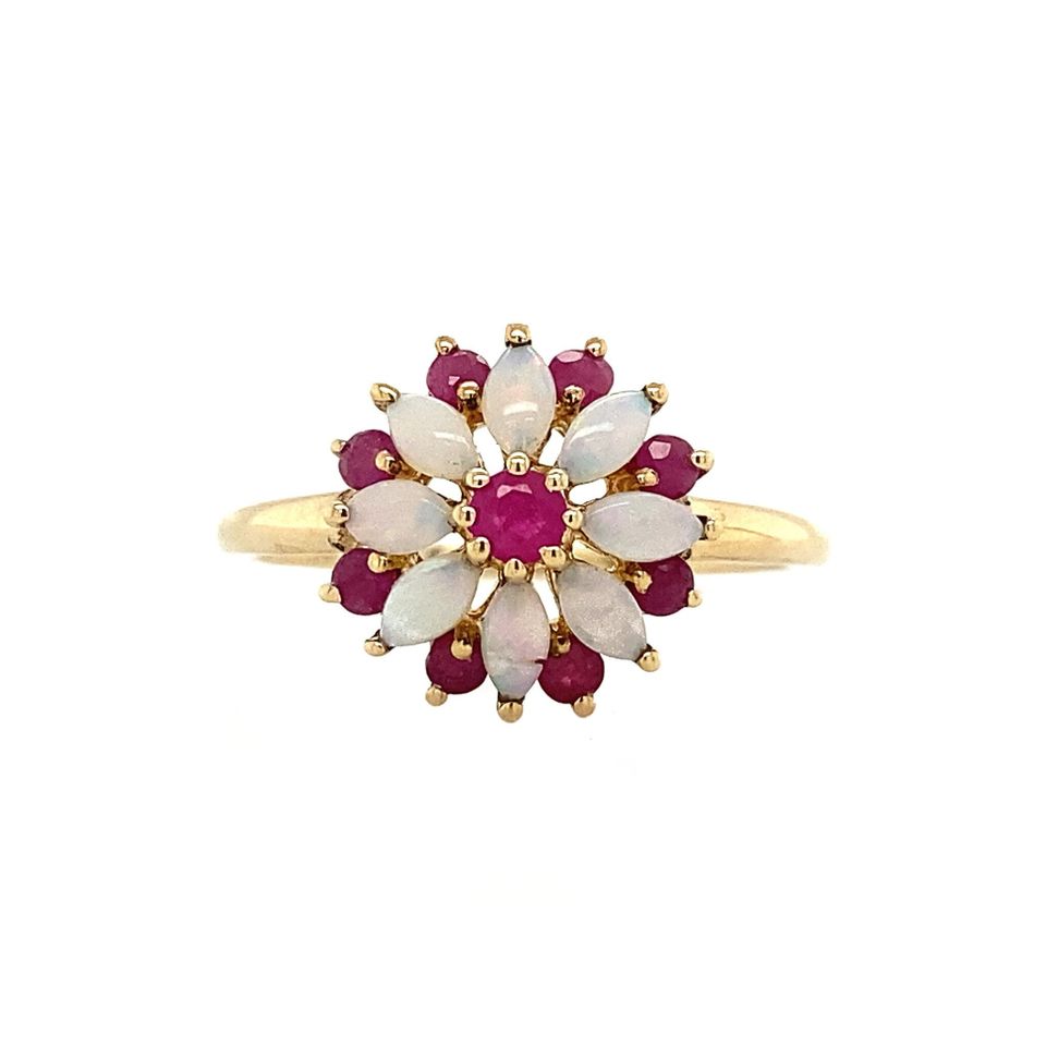Vintage Cluster 9K Gold Ring with Ruby and Opal