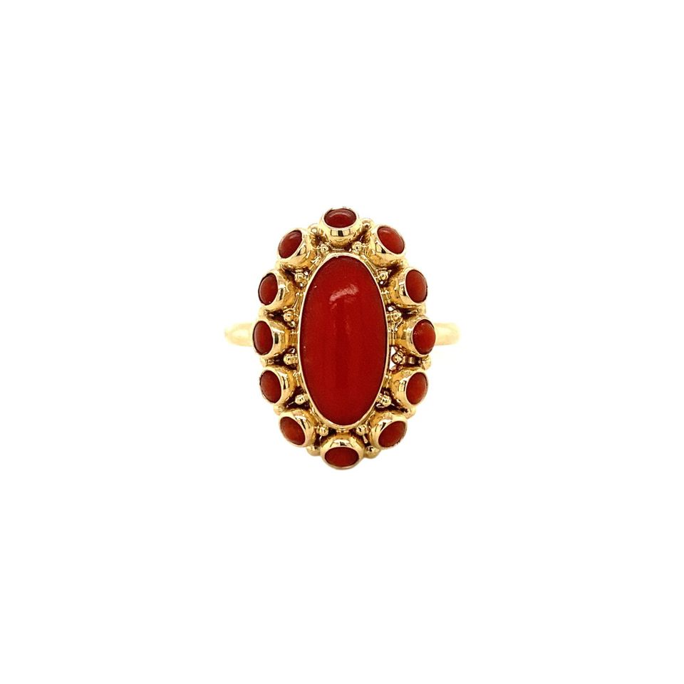 Vintage 14K Gold Cluster Ring with Red Coral