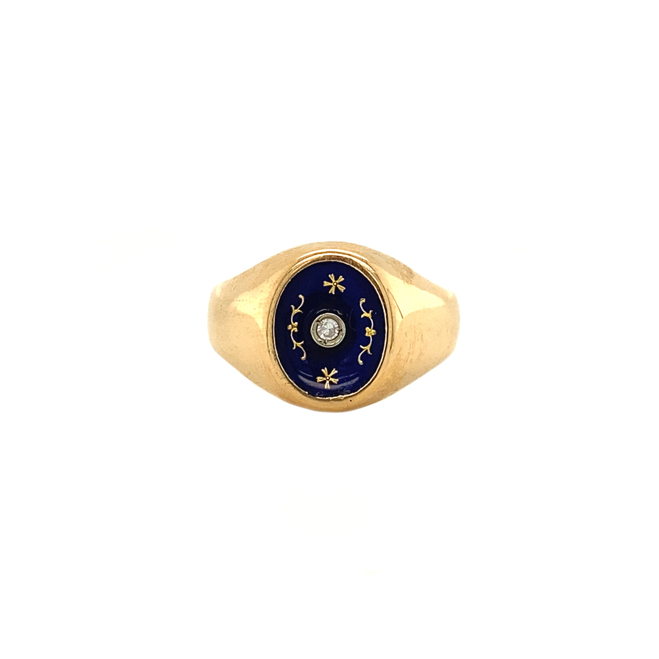 Vintage 14K Gold Ring with Diamond and Enamel