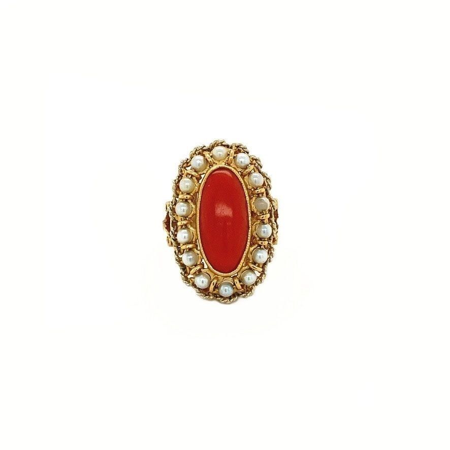 Vintage 18K Gold Cluster Ring with Red Coral and Pearl